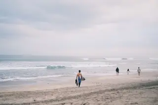 Illustration: People walk along a sandy beach towards ocean waves under an overcast sky.