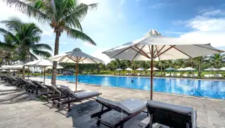 Illustration: Sun loungers and umbrellas line a large tropical resort swimming pool under a bright sky.