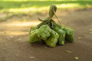 Illustration: A bundle of freshly woven green ketupat rice cakes rests on the ground.