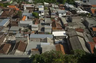 Illustration: An aerial view of dense urban rooftops and houses in a tropical city.
