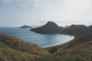 Illustration: Scenic view of a coastal bay and dry grassy hills on an island.