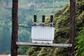 Illustration: An electrical transformer mounted on wooden utility poles against green trees.