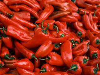 Illustration: A close-up pile of vibrant red chili peppers with green stems.