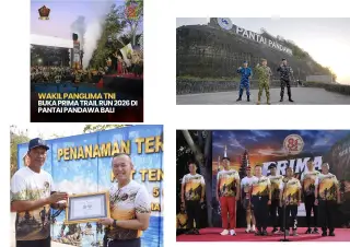 Four images from PRIMA Trail Run 2026 at Pandawa Beach, Kutuh Village, South Kuta, Badung, on Saturday, 10 October 2026. Top left: the start of the race. Top ri…