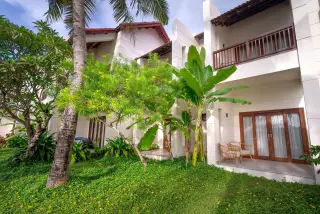 Illustration: The exterior of a modern tropical resort villa with a lush green garden and palm tree.