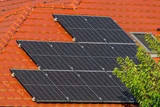 Illustration: Solar panels mounted on an orange-tiled roof next to green tree leaves.