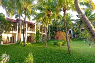 Illustration: Two-story resort buildings sit amid lush tropical gardens and tall palm trees on a grassy lawn.