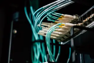 Illustration: Close-up of blue network cables connected to a server rack.