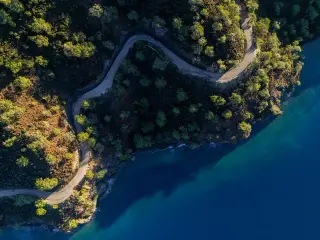 Illustration: Aerial view of a winding paved coastal road flanked by trees and the blue sea.