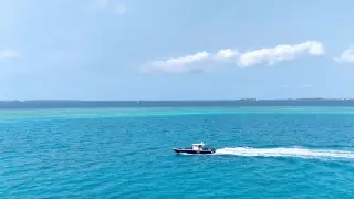 Illustration: A small speedboat cruises across bright turquoise open ocean water under a partly cloudy sky.